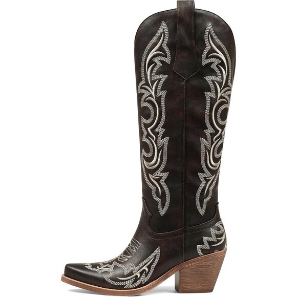 Shoes - Women's Brown Western Cowgirl Knee High Embroidered Pointed Toe Chunky Heel Boot